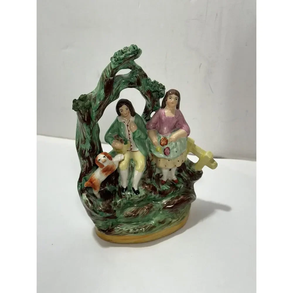 Antique Staffordshire Ceramic Figure Couple With Spaniel‎ Dog RARE REPAIRED